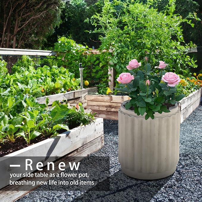 Afterglow Terrafab Material Outdoor Round Side Table, Natural Decorative Garden Stools, Unique End Table for Living Room Bedroom Patio Home Decor,Off-White