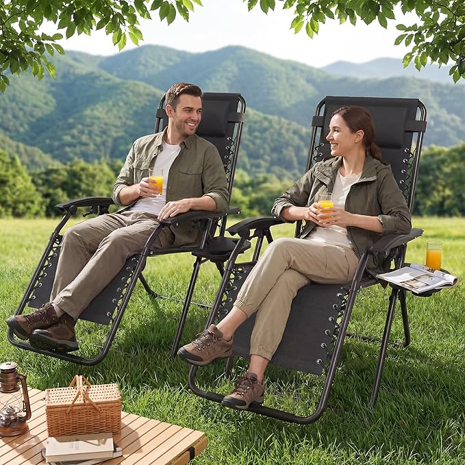 Set of 2 Adjustable Zero Gravity Lounge Chairs Outdoor Recliner w/Cup Holder Tray & Removable Pillows - Photo 7