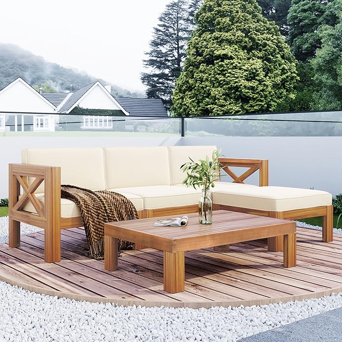 Outdoor Backyard Patio Wood 5-Piece Sectional Sofa Seating Group Set with Cushions, Natural Finish+ Beige Cushions - Photo 3