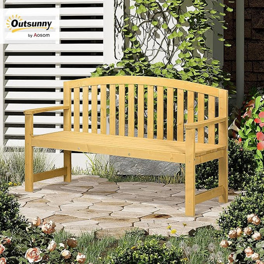 Outsunny 56" Outdoor Wood Bench, 2-Seater Garden Bench with Backrest and Armrest, Patio Bench for Patio, Porch, Poolside, Balcony, Natural