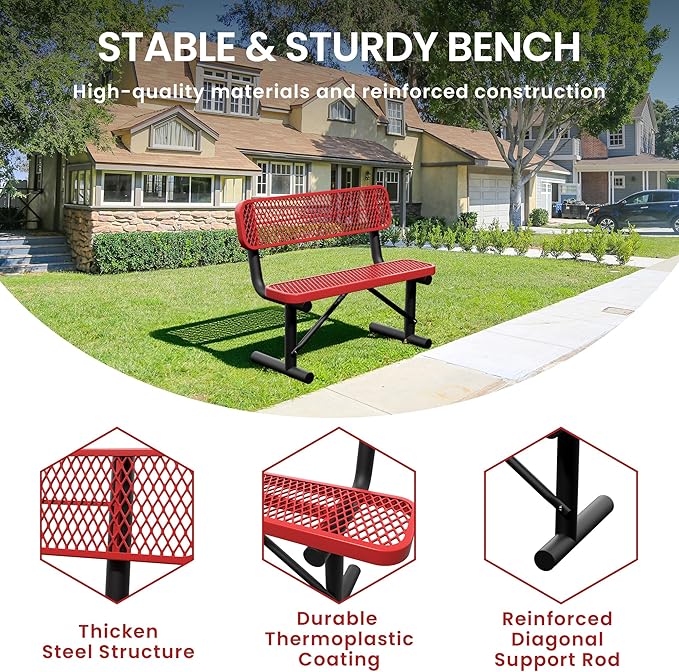 4 Feet Steel Park Bench for Outside, Outdoor Bench with Backrest & Portable Frame, Commercial Benches for Shopping Malls, Stores, Parks, Patios, Decks, Red