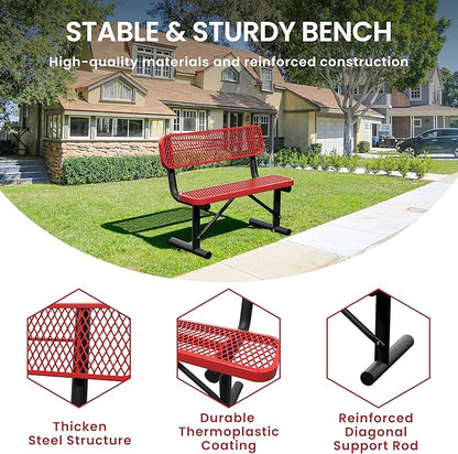 4 Feet Steel Park Bench for Outside, Outdoor Bench with Backrest & Portable Frame, Commercial Benches for Shopping Malls, Stores, Parks, Patios, Decks, Red
