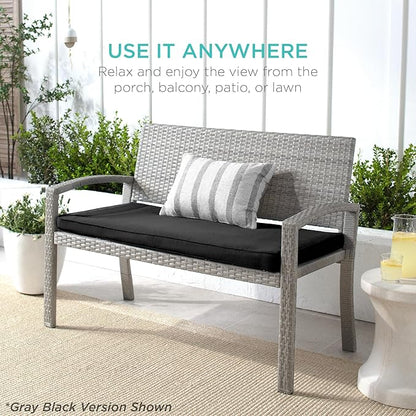Best Choice Products Outdoor Bench 2-Person Wicker Garden Patio Benches Seating Furniture for Backyard, Porch w/Seat Cushion, 700lb Capacity - Gray/Gray