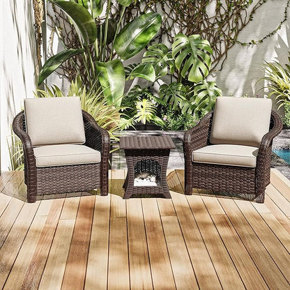 Patio PE Rattan Chairs Set of 2 with Cat Nest End Table, All-Weather & Steel Frame Outdoor Conversation Furniture Set with Washable Cushions for Garden, Bistro, Deck, Yard (Beige)