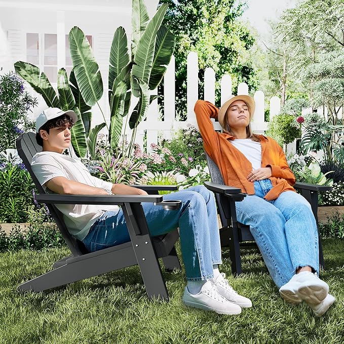 NUNU LAB Outdoor Adirondack Chairs Set of 2,Plastic Adirondack Chair with Cup Holder,Weather Resistant Patio Chairs, HDPE Adirondack Lawn Chairs for Poolside Backyard Lawn Patio Fire Pit