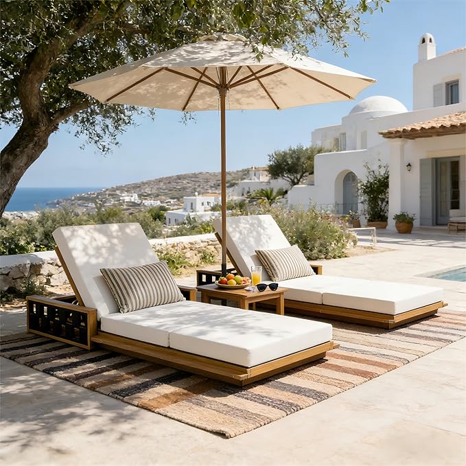 Merax Patio Chaise Lounge Set of 2, Acacia Wood Outdoor Reclining Chairs with 4-Position Adjustable Backrest - Photo 1
