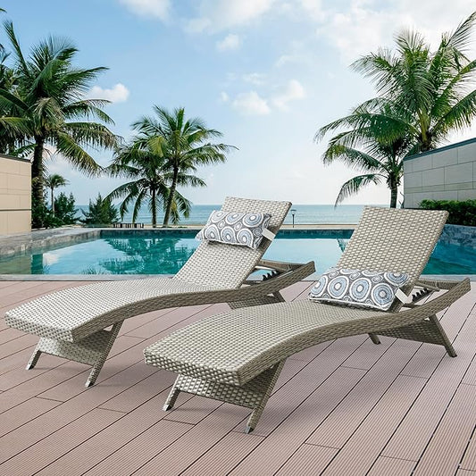 Patio Chaise Lounges, 79’’ Long Reclining Chairs with 5-Position Adjustable Backrest, PE Rattan Lounge Chair, Set of 2 with Cushions for Sunbathing Poolside Garden Backyard, Gray