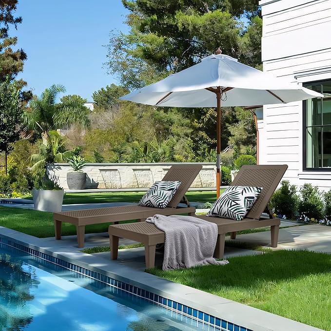 Greesum Outdoor Chaise Lounge Chairs Set of 4 with 5-Position Adjustable Backrest, Waterproof PP Sun Chaise Loungers for Garden Pool Beach Patio Deck Sunbathing, Light Coffee