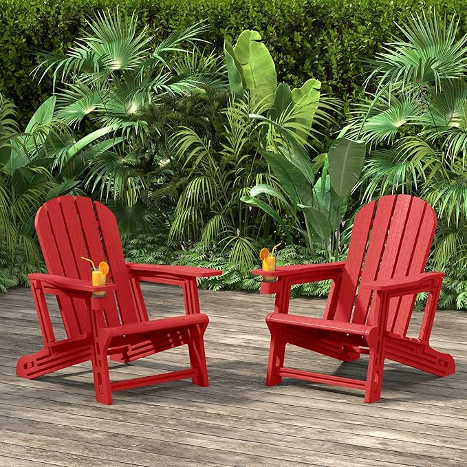 Costaelm Cayman Hardware-Free Assembly Outdoor Patio HDPE Poly Plastic Adirondack Chair with Cup Holder (Set of 2), Red