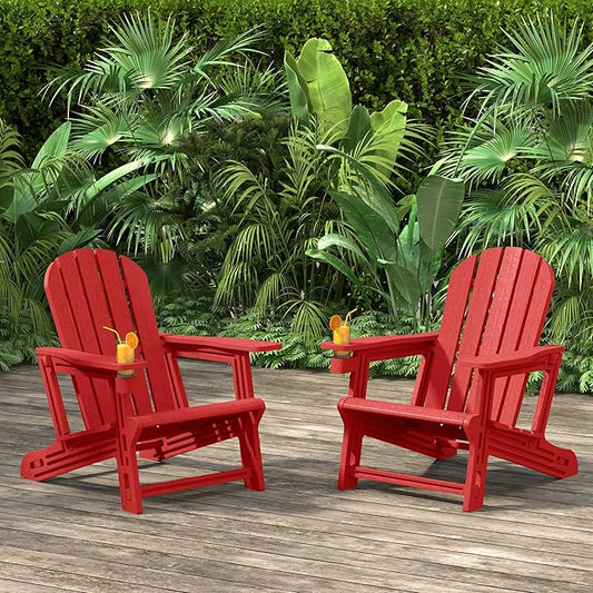 Costaelm Cayman Hardware-Free Assembly Outdoor Patio HDPE Poly Plastic Adirondack Chair with Cup Holder (Set of 2), Red