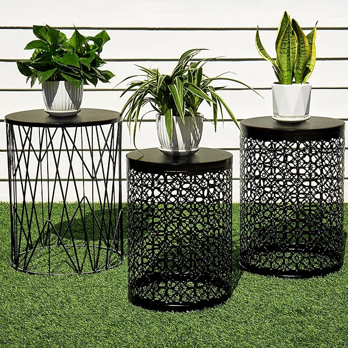 Y&M Set of 3 Black Round Nesting Tables, Multifunctional Coffee Table End Table, Side Table for Indoor, Outdoor Garden Stool-Carbon Black(Ship from US)
