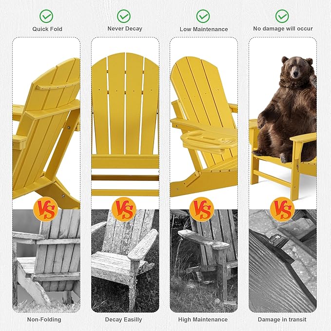 FOOWIN Adirondack Chair, HDPE Folding Adirondack Chair w/4 in 1 Cup Holder Trays,Weather Resistant Outdoor Chair, Fire Pit Chairs for Patio Lawn Garden Backyard Deck Yellow