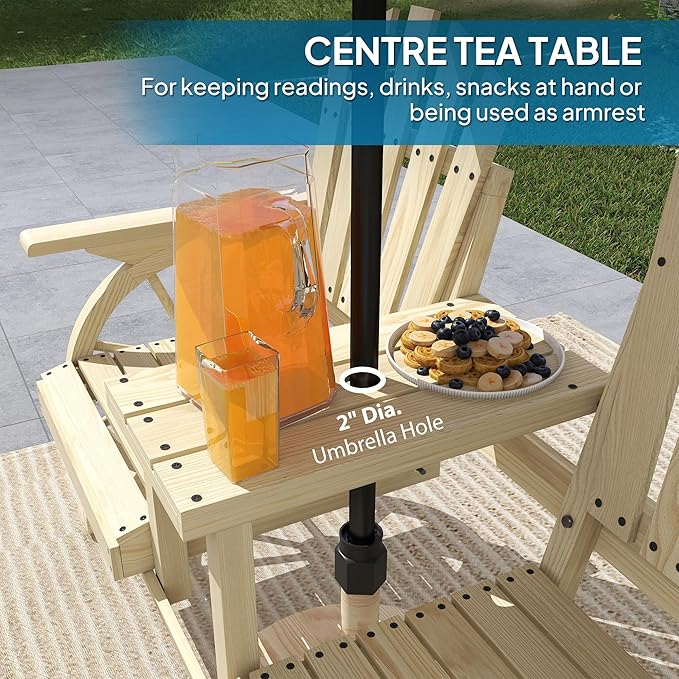 Outsunny Wooden Garden Bench with Table, Umbrella Hole, 2-Seat Wagon Wheel Outdoor Bench with Slatted Seat, High Backrest, Armrests for Backyard, Patio, Garden, Natural Wood