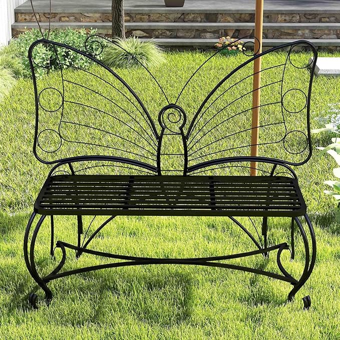 Black Butterfly Garden Bench with Backrest, Outdoor Metal Bench for Front Porch, Patio, Park, Outside, 2 Seat, All Weather (Black, 48")