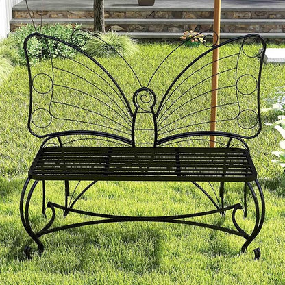 Black Butterfly Garden Bench with Backrest, Outdoor Metal Bench for Front Porch, Patio, Park, Outside, 2 Seat, All Weather (Black, 48")