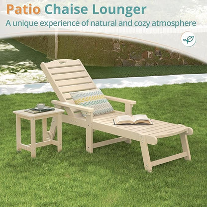 LUE BONA Lounge Chair Outdoor, HDPS Chaise Lounge Outdoor with Wheels, 5 Positions Adjustable Pool Lounger Chairs for Outside, Patio, Sand