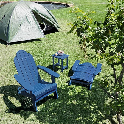 LUE BONA Folding Adirondack Chair Set of 2 with Adirondack Side Table, Navy Blue HDPS Fire Pit Adirondack Chairs with Cup Holder for Patio, Proch