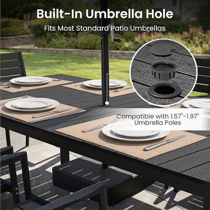 Crestlive Products Outdoor Dining Table for 6, 71in Aluminum Patio Dining Table with Umbrella Hole Weather-Resistant Rectangle Outside Table for Garden Backyard Indoor, Black