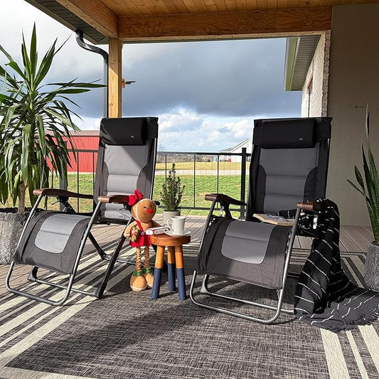 PURPLE LEAF Oversized Outdoor Reclining Chair Set of 2 Patio Zero Gravity Chaise Lounge Folding Chair with Quilted Cushion Adjustable Headrest for Lawn Camping Beach Pool Black and Grey