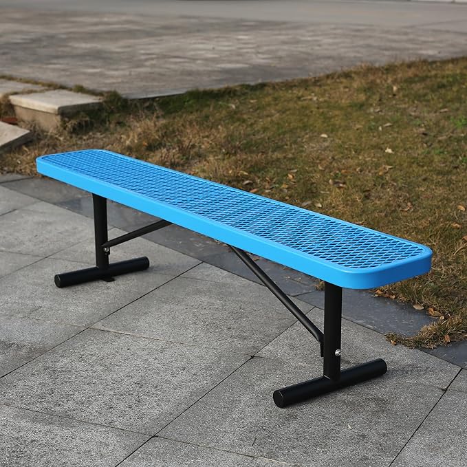 6FT Metal Park Bench for Outside, All-Weather Thermoplastic Coating Outdoor Bench with Anchor, Commercial Heavy Duty Benches for Shopping Malls, Stores, Parks, Patios, Decks, Blue