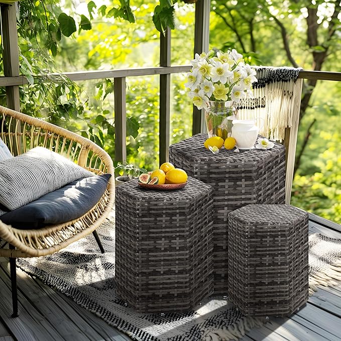 Sundale Outdoor Wicker Side Table Set of 3, Nesting Rattan Coffee End Tables for Small Spaces - Photo 7