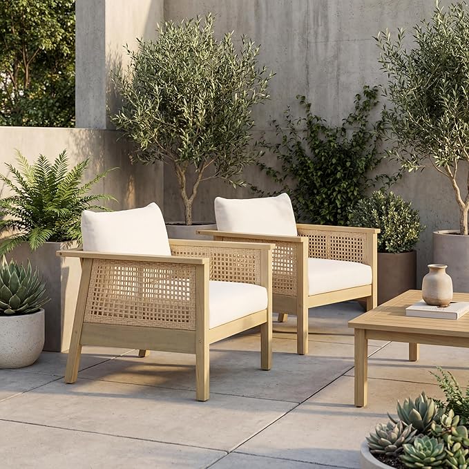 Merax Outdoor Acacia Wood Chair Set of 2 PE Wicker Club Chair Dining Chair with Waterproof Detachable Cushion - Photo 6