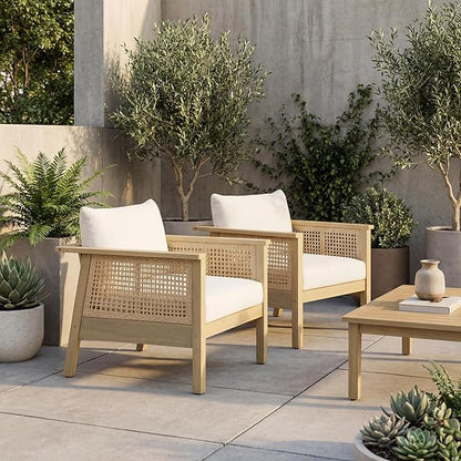 Merax Outdoor Acacia Wood Chair Set of 2 PE Wicker Club Chair Dining Chair with Waterproof Detachable Cushion, Light Teak Finish & Cream Cushion