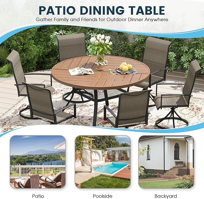 Patio Dining Table for 4-6, Round Metal Outdoor Table with Storage Shelf, 1.57" Umbrella Hole, 47" Outdoor Quartered Tabletop Dining Table for Backyard, Porch, Lawn, Walnut