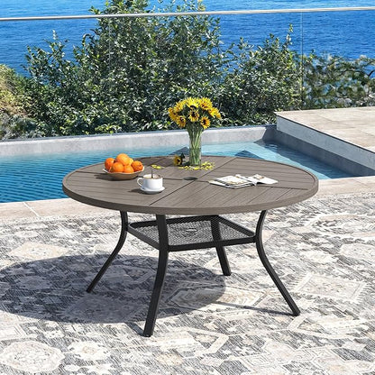 DIFY 47.2" Round Outdoor Patio Dining Table for 6, All-Weather Metal Steel Slatted Patio Table with 1.57" Adjustable Umbrella Hole, for Lawn Garden Porch Backyard, Grey Wood-Like