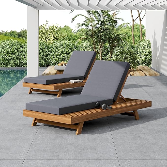 Merax Acacia Wood Chaise Lounge Chair Outdoor Set of 2, Patio Recliner with 4 Position Adjustable Backrest and 4" Thick Double-fold Cushion