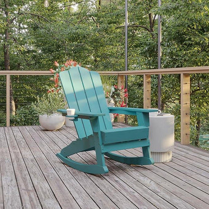 Flash Furniture Newport Adirondack Rocking Chair with Cup Holder, Weather Resistant Poly Resin Adirondack Rocking Chair, Blue