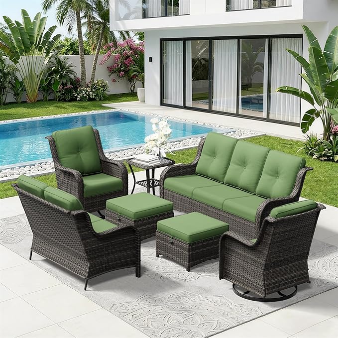 7 Piece Outdoor Wicker Patio Furniture Set, Outdoor Swivel Rocker Patio Chairs Set with Thickened Olefin Cushions - Photo 9