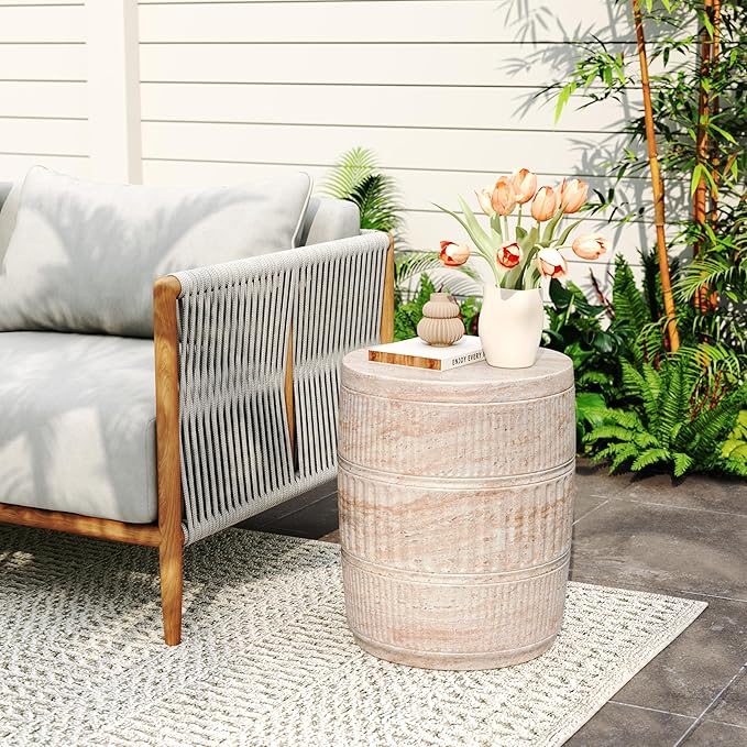 Christopher Knight Home Jaym 18.50" H Indoor Outdoor Accent Side Table, Patio Decorative End Table, Cylinder Lightweight Concrete Garden Stool for Patio Balcony & Garden Decor, Travertine