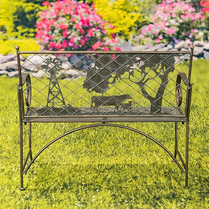 Classic Iron Garden Bench with Nature Scenery (Cow & Windmill Backrest in Bronze)
