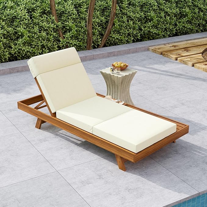 2-Piece Patio Lounge Chair Set with Side Space, Outdoor Chaise Lounge Adjustable & Breathable Acacia Wood Frame, Water-Resistant Cushions(Beige& 4 Inch Thick & 4-FOLD)