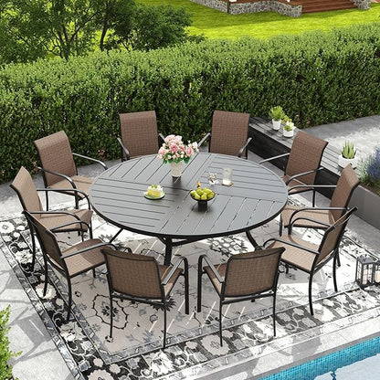 DIFY 63" Round Outdoor Patio Dining Table for 8-10, All-Weather Metal Steel Slatted Patio Table with 1.57" Adjustable Umbrella Hole for Garden, Backyard, Deck, Black