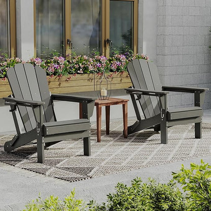 Domi Folding Adirondack Chairs Set of 2, HDPE All-Weather Outdoor Chairs with Cup Holder, Wooden Textured Fire Pit Chairs for Backyard, Patio, Poolside & Deck, Grey