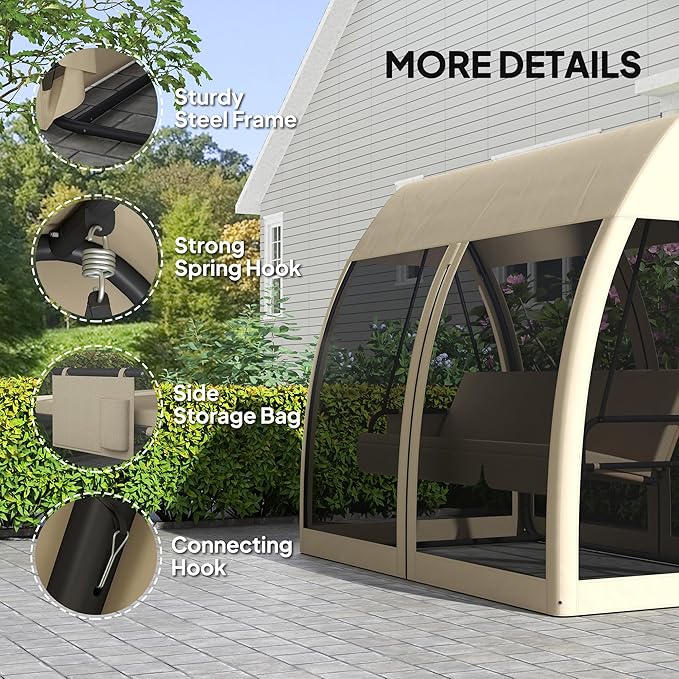 Outsunny 3-Seat Patio Swing Chair, Porch Swing Bed with Convertible Backrest, Cushion, Canopy - Photo 6