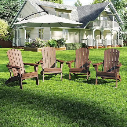 Folding Adirondack Chair Set of 4, HDPE Outdoor Patio Chair with Cup Holder, All Weather Plastic Lawn Chair with Wide Armrests, Portable Patio Chair for Backyard Deck Garden Fire Pit Poolside, Coffee
