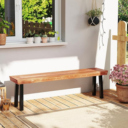 Tangkula Outdoor Acacia Wood Bench, Patio Dining Picnic Bench with Steel Legs for Porch Garden Poolside Living Room Balcony, Ideal for Indoor & Outdoor Use (2, Teak)