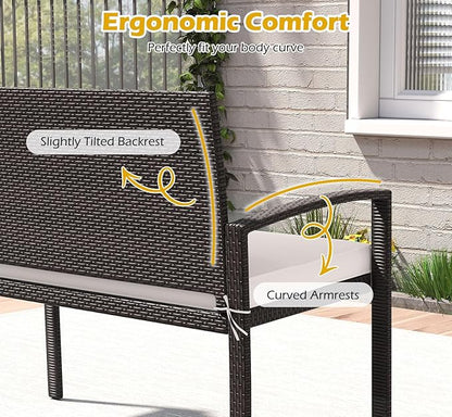 Tangkula Outdoor Rattan Bench, 2-Person Patio Loveseat with Removable Seat Cushion, Metal Frame, Backrest & Armrests, for Porch, Backyard, Garden, Balcony, Brown