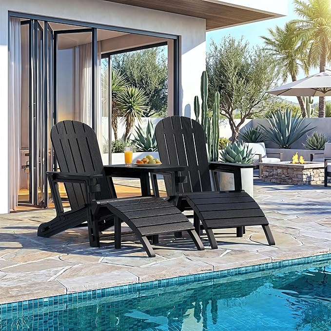 Vongrasig Adirondack Chairs Set of 2 with Removable Tabletop and Footrest, All-Weather HDPE Outdoor Chair Set with Wooden Textured, Cup Holder for Patio, Poolside, Deck, Garden, Black