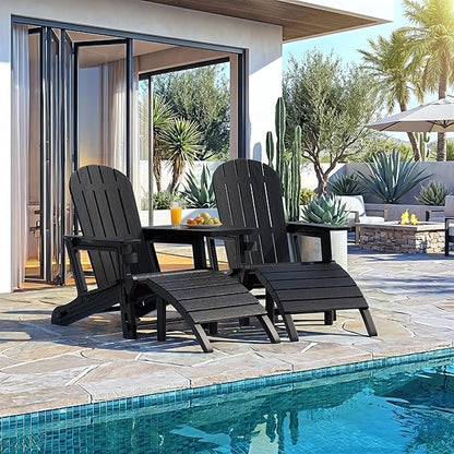 Vongrasig Adirondack Chairs Set of 2 with Removable Tabletop and Footrest, All-Weather HDPE Outdoor Chair Set with Wooden Textured, Cup Holder for Patio, Poolside, Deck, Garden, Black