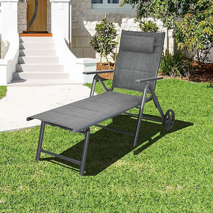 Tangkula Patio Chaise Lounge W/Wheels, Outdoor Folding Padded Lounge Chair W/ 7-Position Backrest, Removable Headrest, Aluminum Reclining Chair, Suitable for Deck, Porch, Poolside (1, Grey)