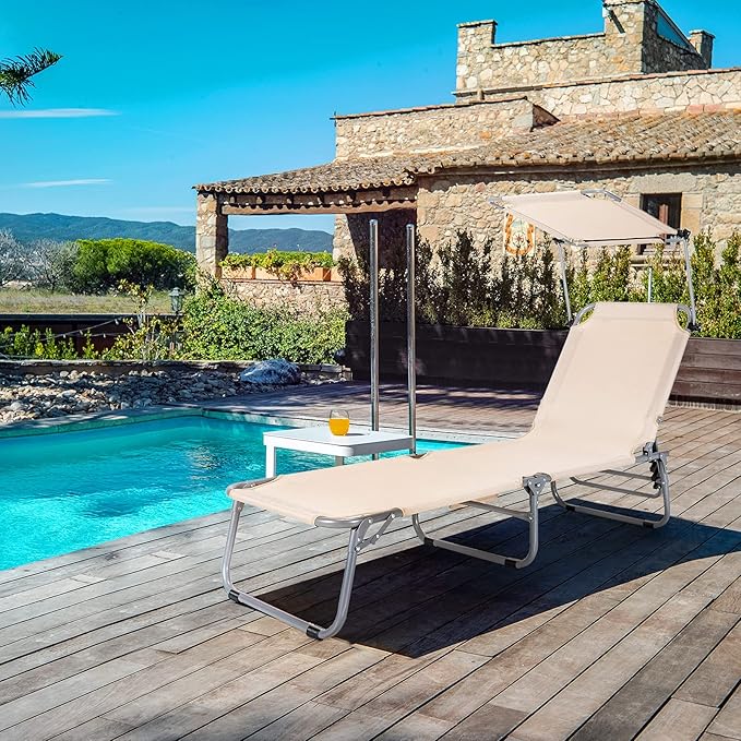 Giantex Outdoor Folding Chaise Lounge, Portable Tanning Chair with 5 Adjustable Positions, 360°Rotatable Canopy Shade - Photo 2