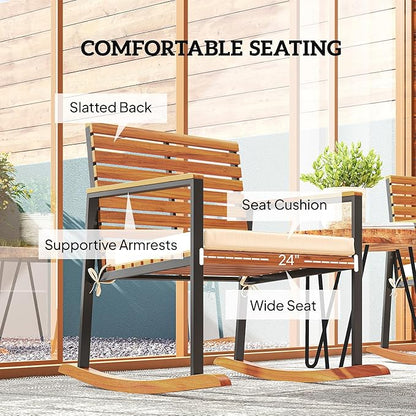 Outsunny Outdoor Rocking Chair Set of 2, Acacia Wood Outdoor Rockers with Armrests, Cushion, Patio Wooden Rocking Chair Set for Garden, Balcony, Porch, 353 lbs. Capacity, Cream White