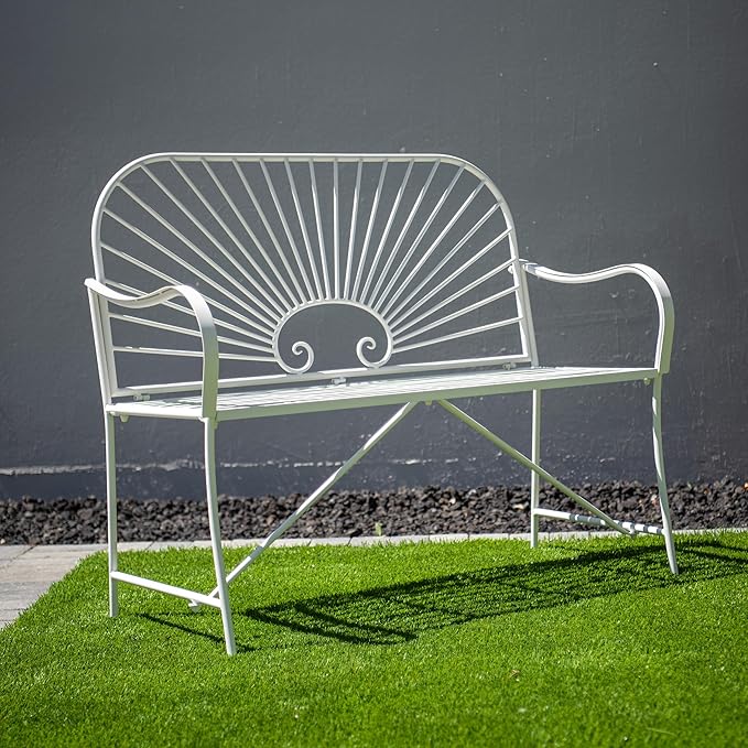 XBrand 44" L Iron Sun-Patterned Seat for Two, Patio & Porch Furniture for Park, Yard, Lawn, Balcony, Backyard – White - Photo 2