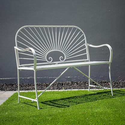 XBrand 44" L Iron Sun-Patterned Seat for Two, Patio & Porch Furniture for Park, Yard, Lawn, Balcony, Backyard – White