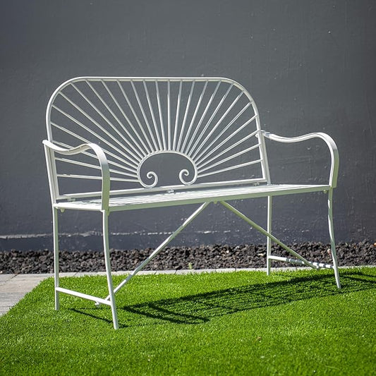 XBrand 44" L Iron Sun-Patterned Seat for Two, Patio & Porch Furniture for Park, Yard, Lawn, Balcony, Backyard – White