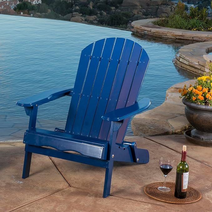 Merax Folding Adjustable Acacia Wood Adirondack Chairs, Water Proof Outdoor Wooden Fire Pit Lounge Reclining Chair for Yard, Garden, Patio, Blue
